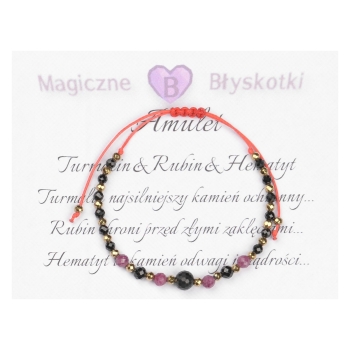 Bransoletka celebrytka czarny TURMALIN RUBIN HEMATYT ochrona i optymizm